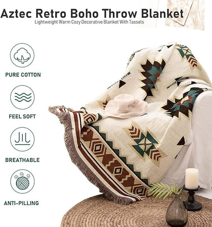 [HOT]Southwestern Reversible Woven Blanket – Native-Inspired Geometric Sand & Turquoise Throw