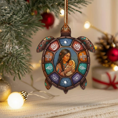Native Mother and Child Turtle Ornament Unique Christmas Gift Decor Flat Acrylic