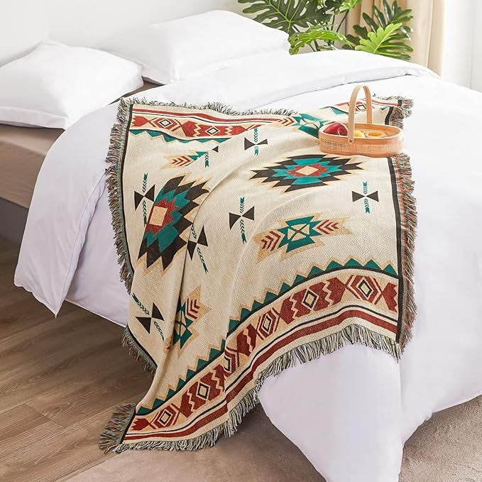 [HOT]Southwestern Reversible Woven Blanket – Native-Inspired Geometric Sand & Turquoise Throw