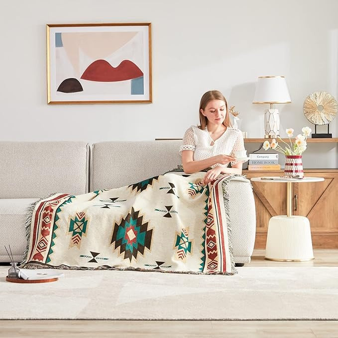 [HOT]Southwestern Reversible Woven Blanket – Native-Inspired Geometric Sand & Turquoise Throw