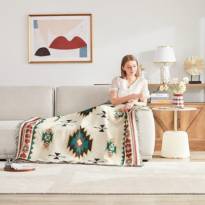 [HOT]Southwestern Reversible Woven Blanket – Native-Inspired Geometric Sand & Turquoise Throw