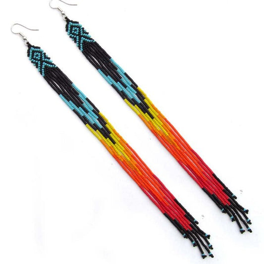 Handmade Long Beaded Earrings – Fire Color & Black Seed Beads