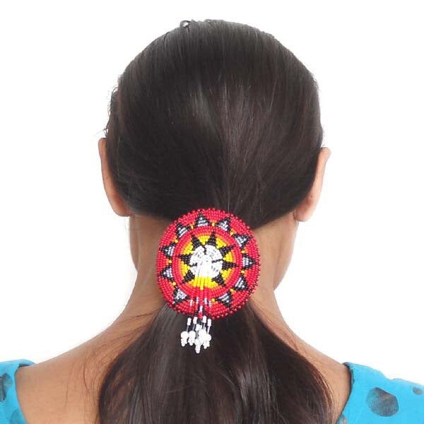 Beaded Hair Clip – Red Fire Medallion with Fringe (Pre-Order)