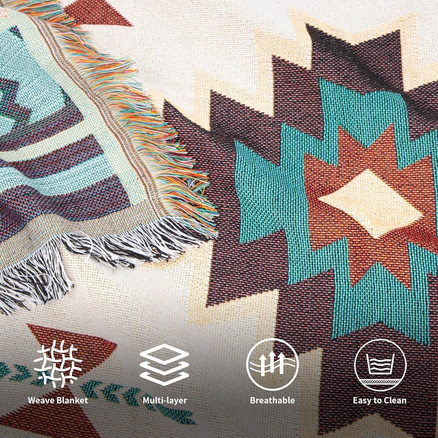 [HOT]Southwestern Reversible Woven Blanket – Native-Inspired Geometric Sand & Turquoise Throw