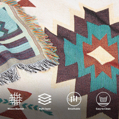 [HOT]Southwestern Reversible Woven Blanket – Native-Inspired Geometric Sand & Turquoise Throw