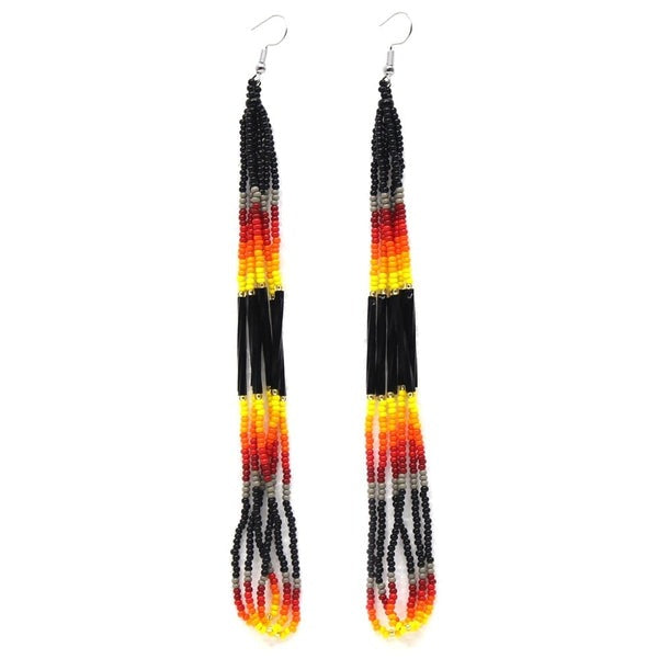 Native-Inspired Beaded Earrings – Black Fire (6 Inch)