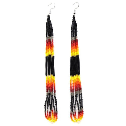 Native-Inspired Beaded Earrings – Black Fire (6 Inch)