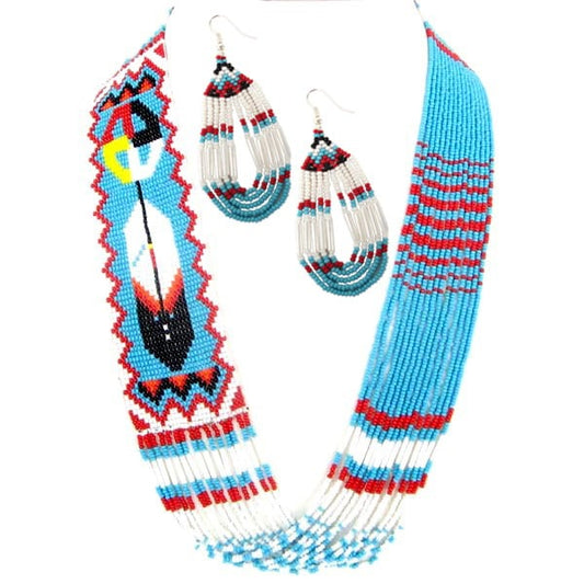 Native Inspired Handmade Beaded Feather Design Layered Necklace & Earrings Set
