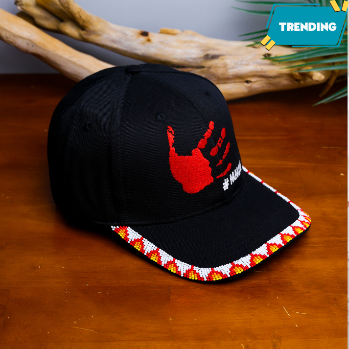 MMIW Red Hand Embroidered Handmade Beaded Brim Baseball Cap Native American Style