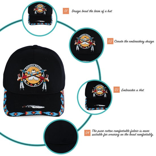 Native Pride Emblem Embroidered Beaded Baseball Cap with Brim Unisex Native American Style