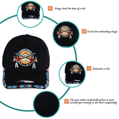 Native Pride Emblem Embroidered Beaded Baseball Cap with Brim Unisex Native American Style