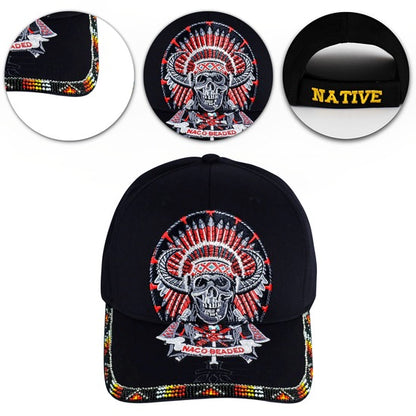 Skull Headdress Embroidered Beaded Baseball Cap With Brim Unisex Native American Style