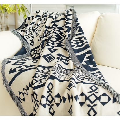 Navajo Black & Cream Reversible Woven Blanket – Tribal Geometric Pattern Throw