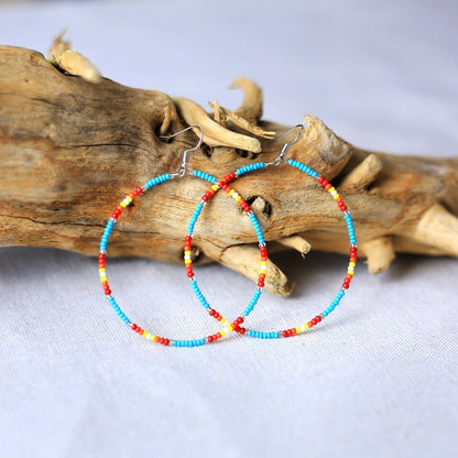 Native Inspired Blue Round Beaded Handmade Hoop Earrings for Women