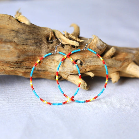 Native Inspired Blue Round Beaded Handmade Hoop Earrings for Women