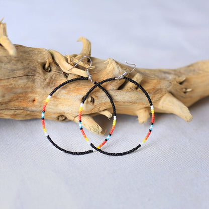 Native Inspired Black Round Beaded Handmade Hoop Earrings for Women
