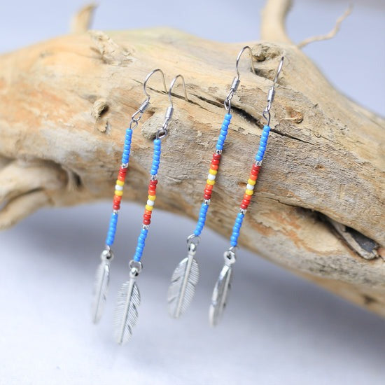 Native Feather Beaded Drop Earrings – Handmade Black & Blue Color