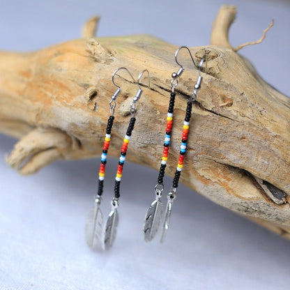 Native Feather Beaded Drop Earrings – Handmade Black & Blue Color