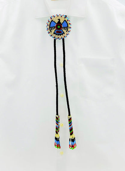 Handmade Cream Thunderbird Leather Bolo Tie with Beading, Adjustable Necklace Cord