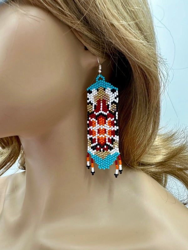 Handmade Beaded Turtle Pattern Earrings – Red & Cyan Blue Seed Beads