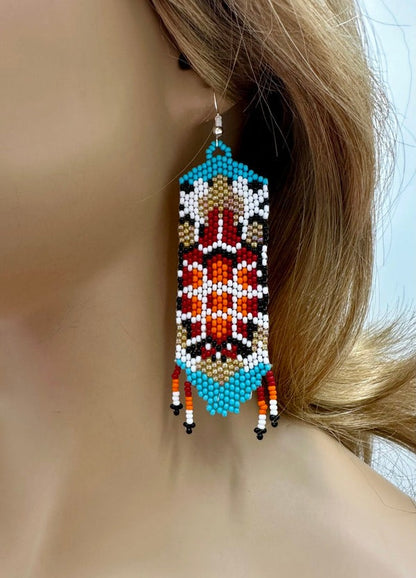 Handmade Beaded Turtle Pattern Earrings – Red & Cyan Blue Seed Beads