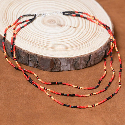 Sunset Harmony Beaded Necklace – Red, Orange, Yellow & Black Beads