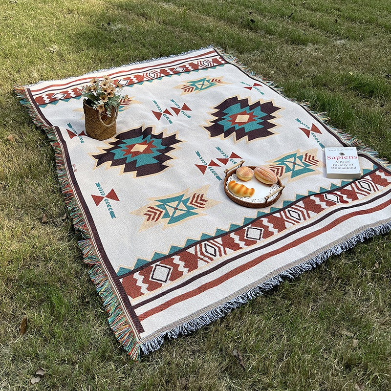 [HOT]Southwestern Reversible Woven Blanket – Native-Inspired Geometric Sand & Turquoise Throw