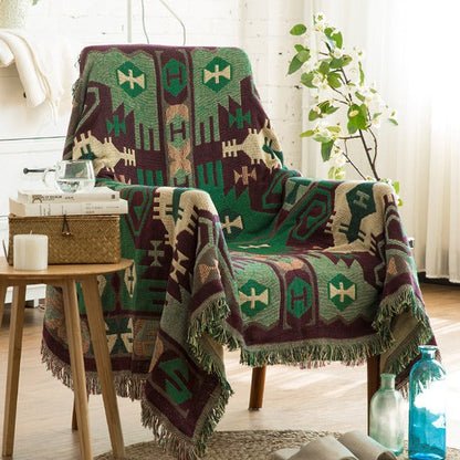 Southwestern Reversible Woven Blanket – Native-Inspired Green & Maroon Geometric Throw
