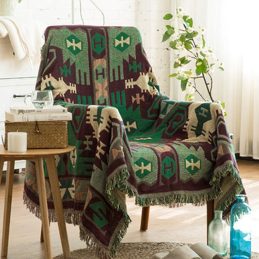 Southwestern Reversible Woven Blanket – Native-Inspired Green & Maroon Geometric Throw