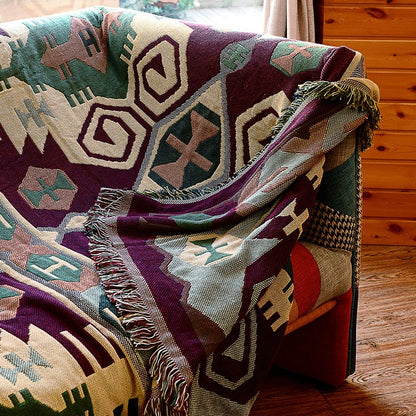 Southwestern Reversible Woven Blanket – Native-Inspired Green & Maroon Geometric Throw