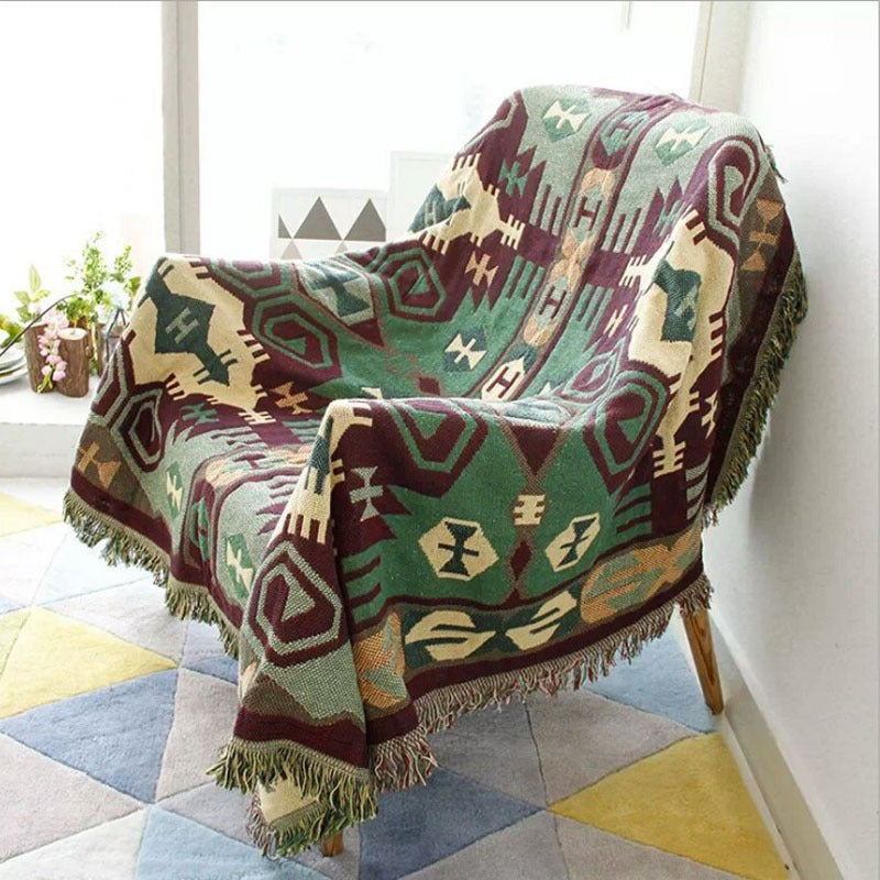Southwestern Reversible Woven Blanket – Native-Inspired Green & Maroon Geometric Throw