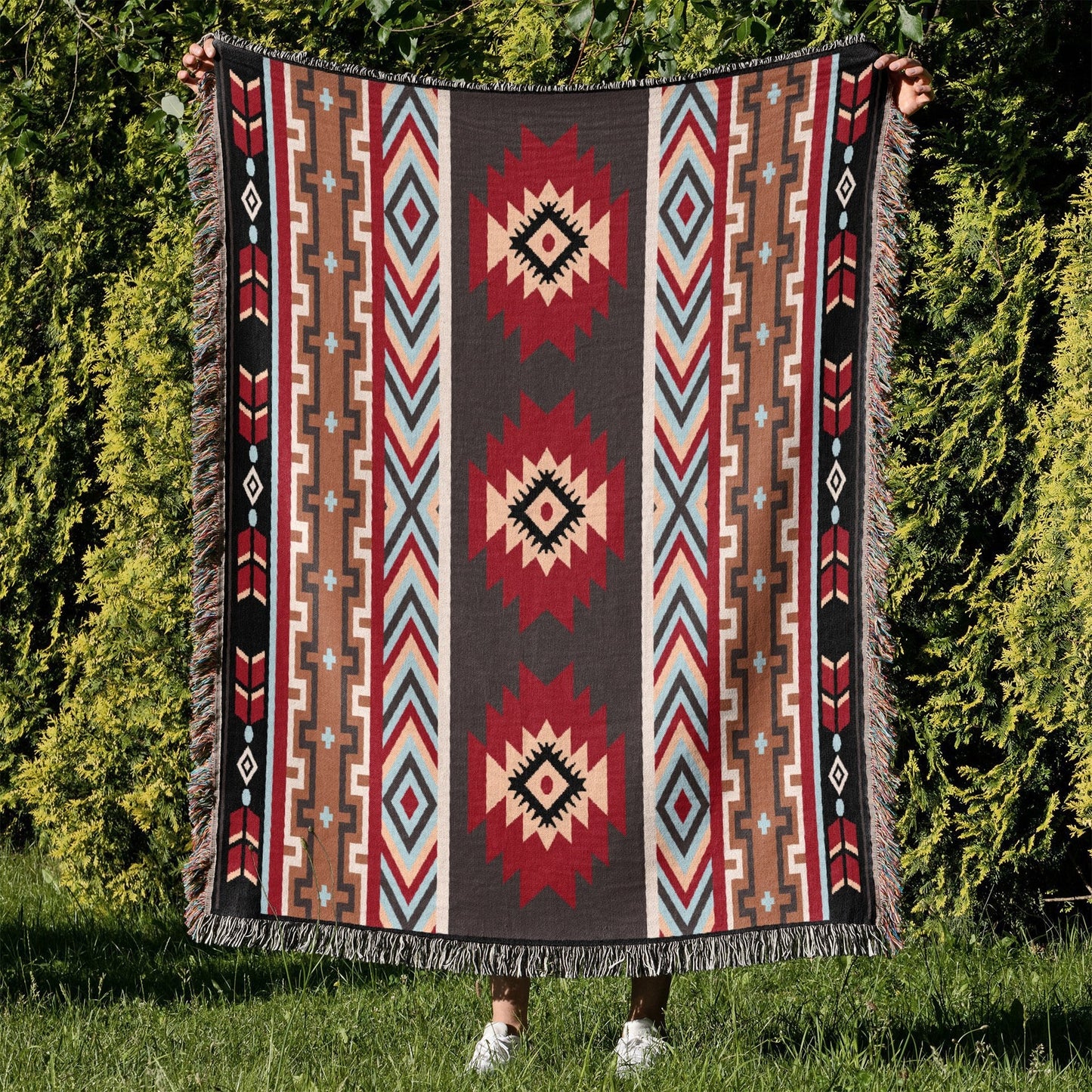 Southwestern Reversible Woven Blanket – Native-Inspired Red Diamond & Geometric Pattern Throw