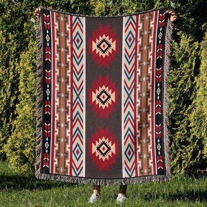 Southwestern Reversible Woven Blanket – Native-Inspired Red Diamond & Geometric Pattern Throw