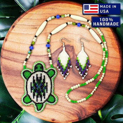 Handmade Beaded Turtle Necklace & Earrings Set – Blue Green