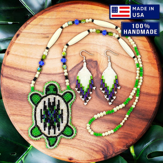 Handmade Beaded Turtle Necklace & Earrings Set – Blue Green