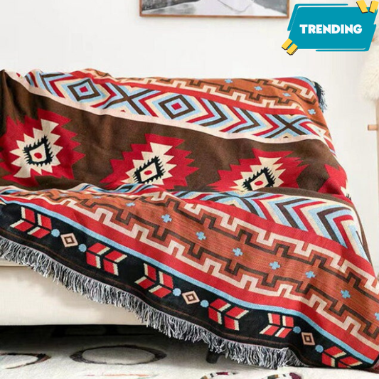 Southwestern Reversible Woven Blanket – Native-Inspired Red Diamond & Geometric Pattern Throw