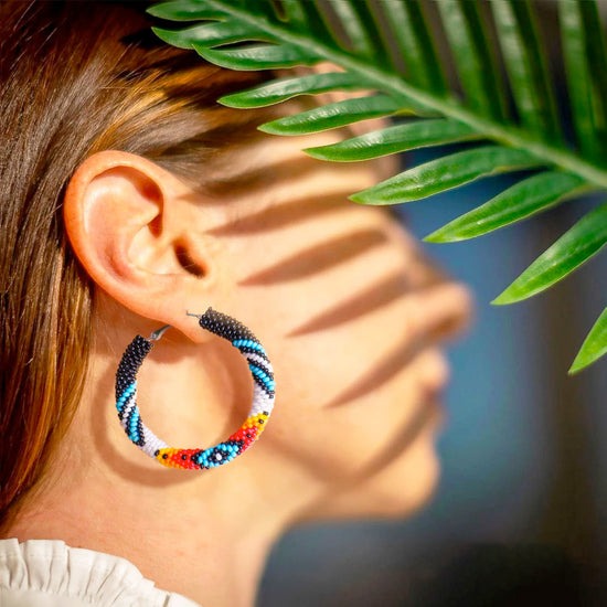 Handmade Dark Blue Pattern Beaded Earrings for Women