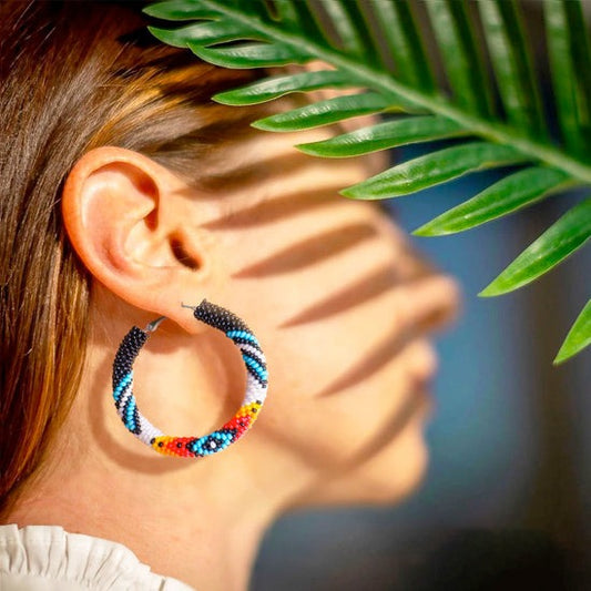 Handmade Dark Blue Pattern Beaded Earrings for Women