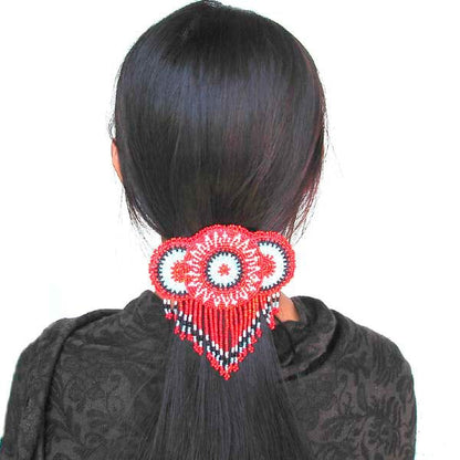 Native-Inspired Red Rosette Beaded Hair Clip with Fringe – Handcrafted Beadwork (Pre-Order)