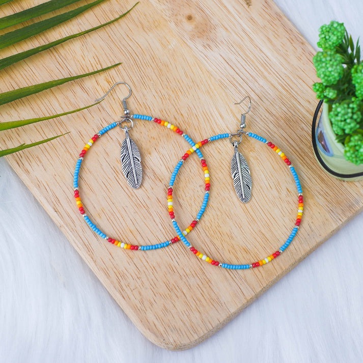 Native Inspired Blue Round Beaded Handmade Hoop Earrings for Women