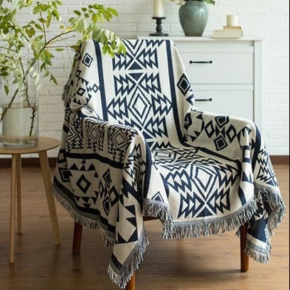 Navajo Black & Cream Reversible Woven Blanket – Tribal Geometric Pattern Throw