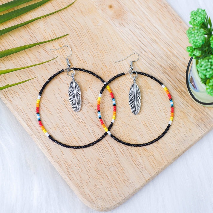Native Inspired Black Round Beaded Handmade Hoop Earrings for Women