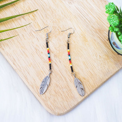 Native Feather Beaded Drop Earrings – Handmade Black & Blue Color