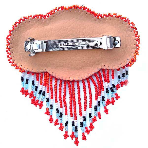 Native-Inspired Red Rosette Beaded Hair Clip with Fringe – Handcrafted Beadwork (Pre-Order)