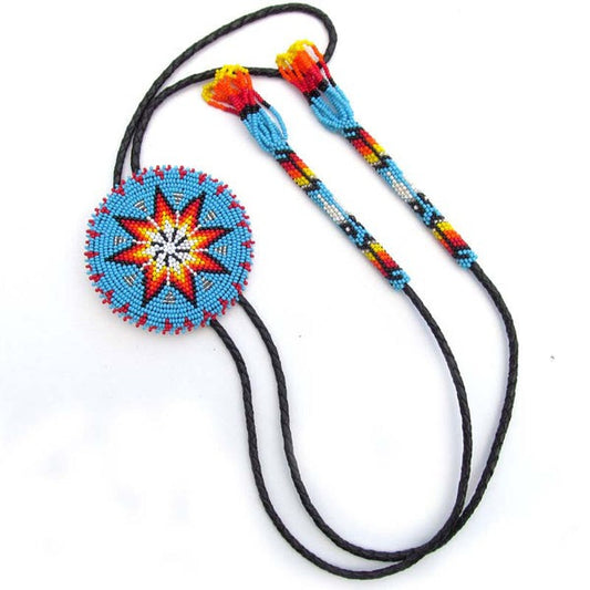 Turquoise Blue Seed Beaded Bolo Tie 3 Inch Handmade Star Beadwork Unisex With Native American Style