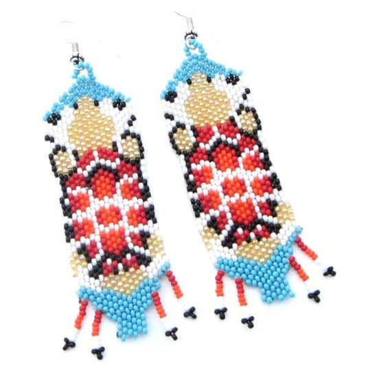 Handmade Beaded Turtle Pattern Earrings – Red & Cyan Blue Seed Beads