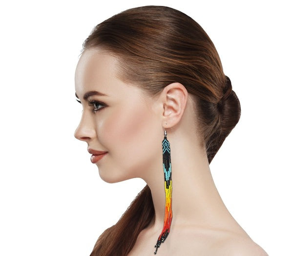 Handmade Long Beaded Earrings – Fire Color & Black Seed Beads