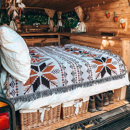 Bohemian Reversible Woven Blanket – Terracotta & Black Geometric Throw