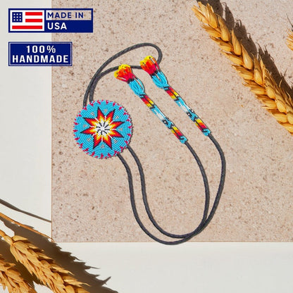 Turquoise Blue Seed Beaded Bolo Tie 3 Inch Handmade Star Beadwork Unisex With Native American Style