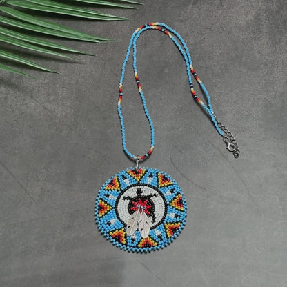 Blue Turtle Feather Handmade Beaded Wire Necklace Pendant Unisex With Native American Style